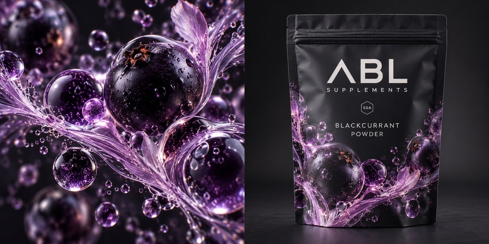 Blackcurrant Recovery Powder — science-inspired artwork