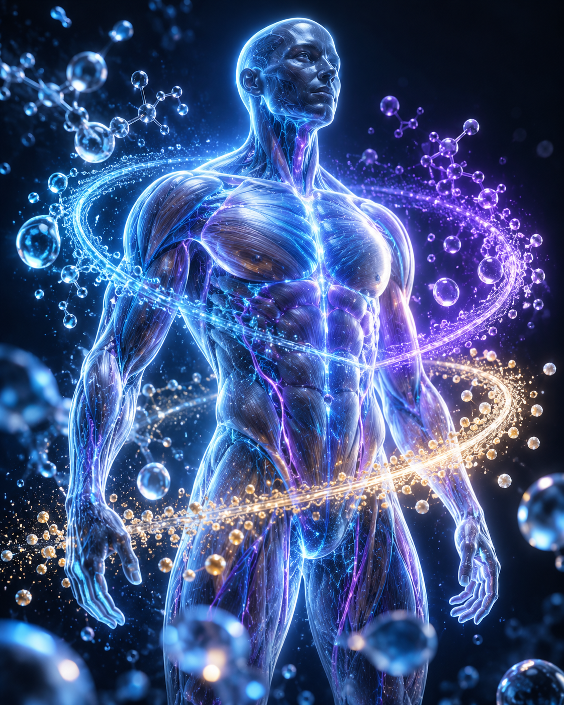 Glass-like human anatomical figure with illuminated fibres and orbiting scientific forms