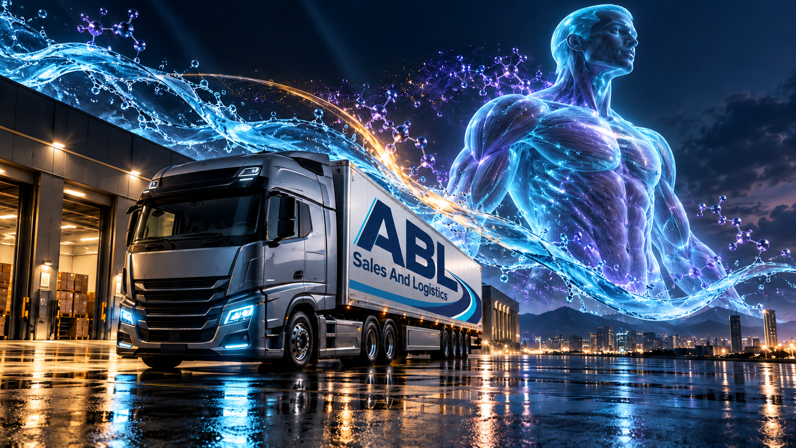 Scientific-inspired artwork combining an ABL Sales And Logistics truck and an illuminated athletic human figure